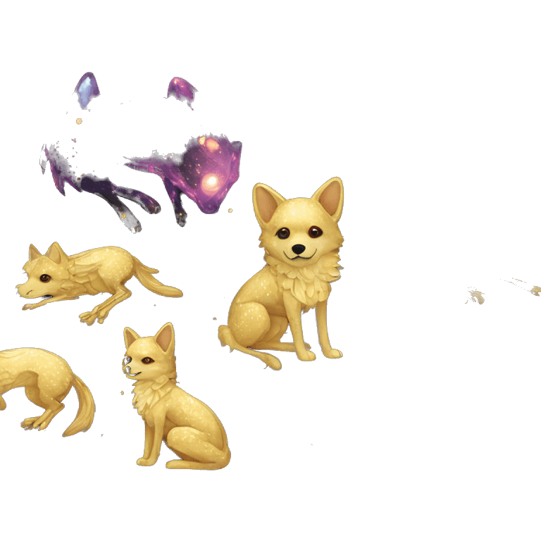 Black iridescent dog fox zombie skeleton gold mechanical nebula galaxy stars flowers fairy lights vintage emoji