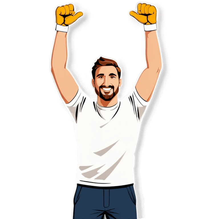 Man holding both arms in the air and holding an electrical cable emoji