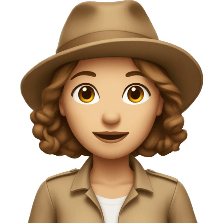 the woman wears light brown clothes, has brown hair, wears a light brown hat emoji