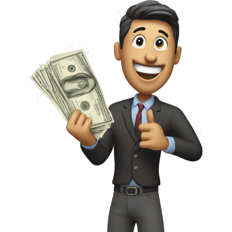 excited, happy man holding out a bill of money in his hand emoji