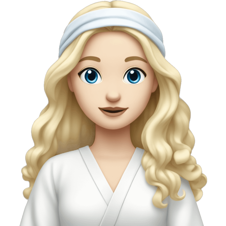  girl with pale skin and blue eyes and long blonde wavy hair doing skincare with white headband and white robe on emoji