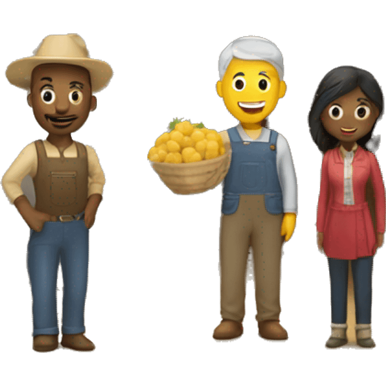 barn with two farmers, one male and one female and some customers of various ethnic backgrounds emoji