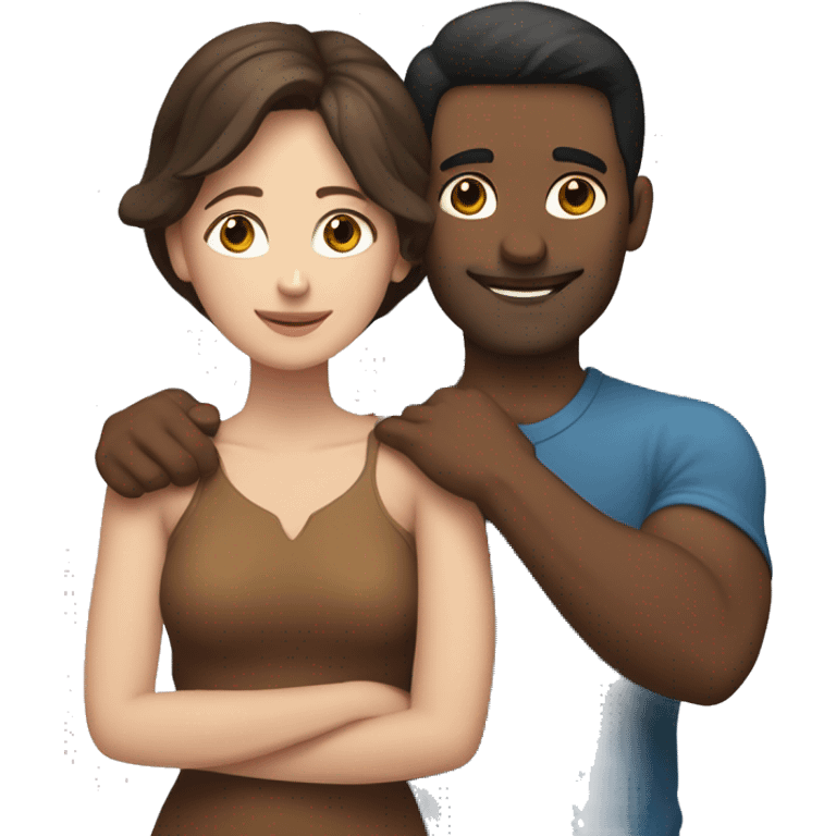 Couple embracing with arms around each other; white woman with blue eyes and brown hair, Indian man with black hair  emoji