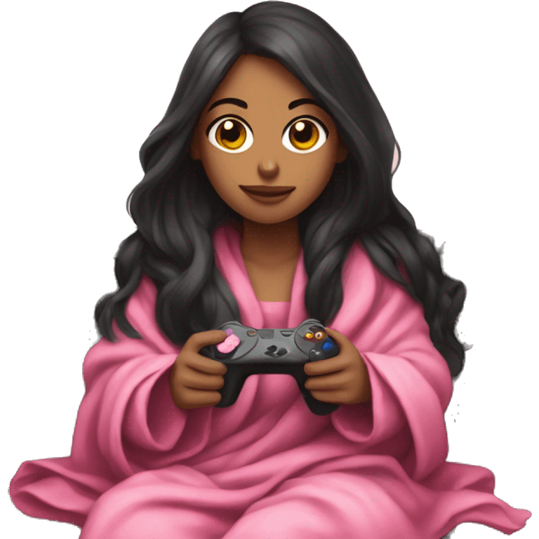 girl with long dark hair wrapped up in a blanket sitting on a couch with a pink gaming controller in her hands emoji