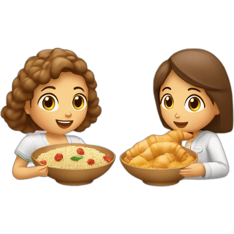 Algerian girl eating couscous and French girl eating croissant  emoji