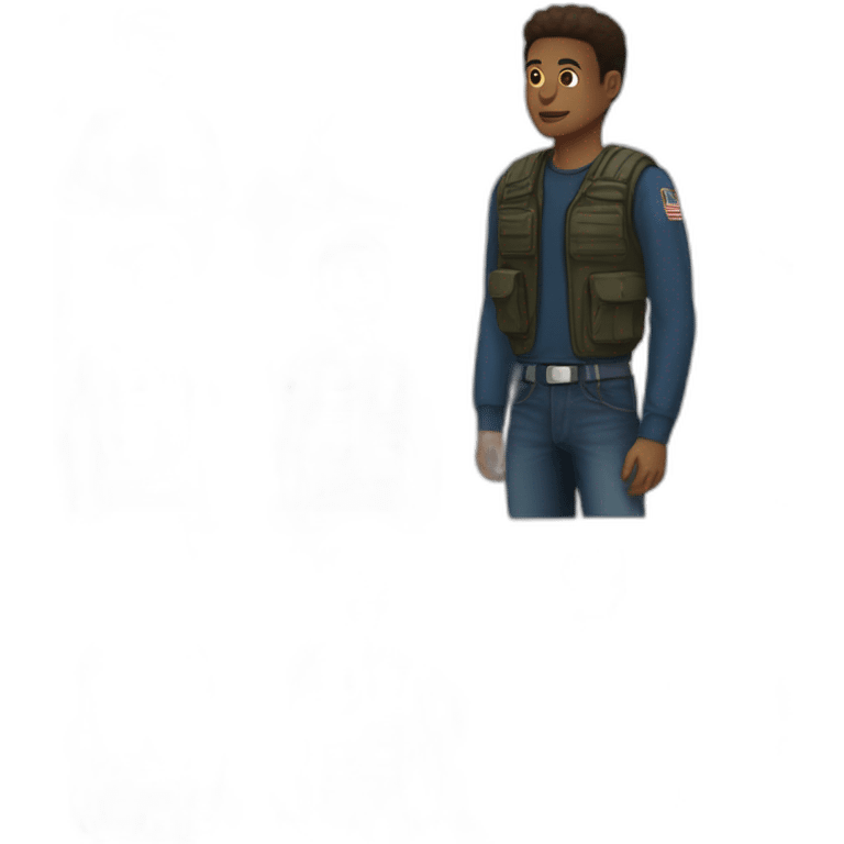 A young man, tall and thin, but athletic.   With black jeans and brown boots. Wearing a black long-sleeved T-shirt and a deep sky blue vest on top, dressed in a military manner emoji