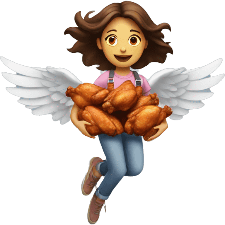 a girl flying with two bbq chicken wings on her back emoji