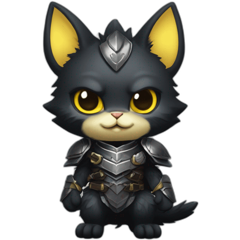 chibi monster hunter palico with all black fur and black face, on hind legs wearing armor, yellow eyes, happy and cute expression emoji