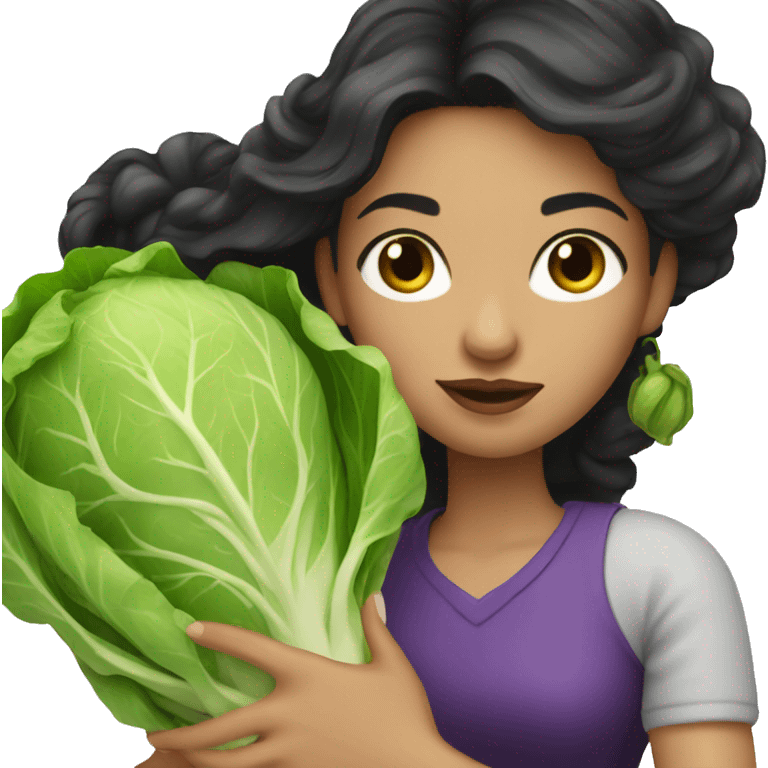 Beautiful woman with dark long hair holding a cabbage  emoji