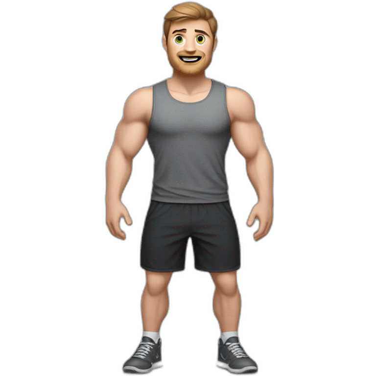 Full height realistic Actively gesturing with hands Pale skinned Fit Man With the biceps and brown hair in dark gray Sleeveless Mike, black oversize sports shorts, watch and white Sneakers emoji