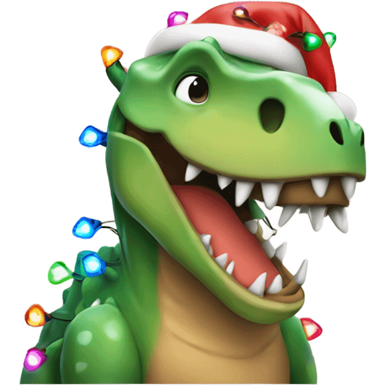 Dinosaur wrapped in Christmas lights with a Christmas hat emoji