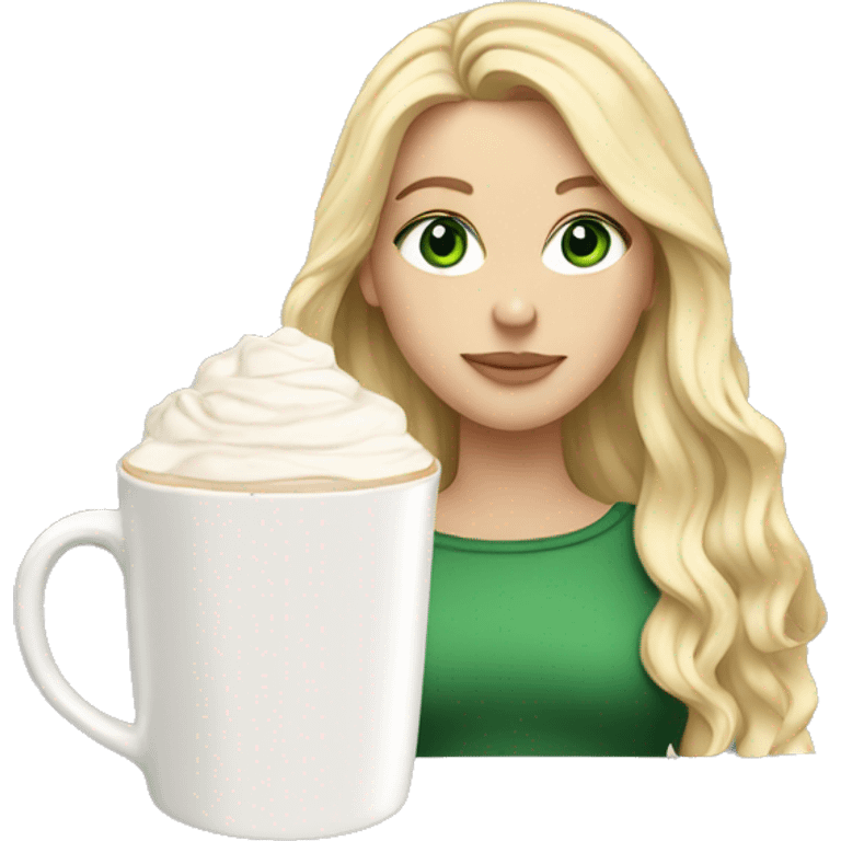 white girl with blonde long hair and a hot chocolate green eyes emoji