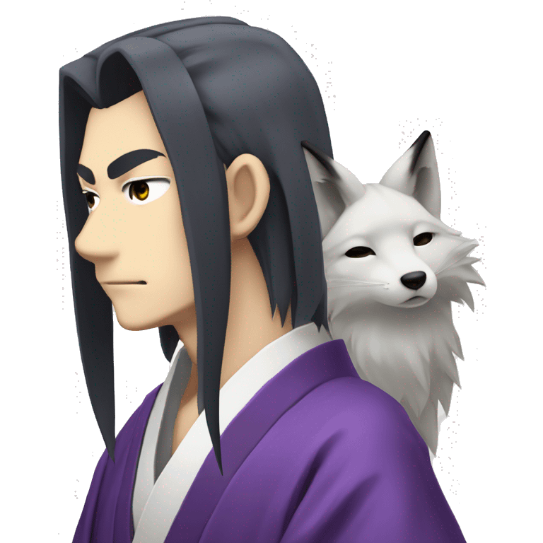 The Tomoe guy from "kamisama kiss" with long hair, white Fox ears, pointy chin, his purple kimono and serious face emoji