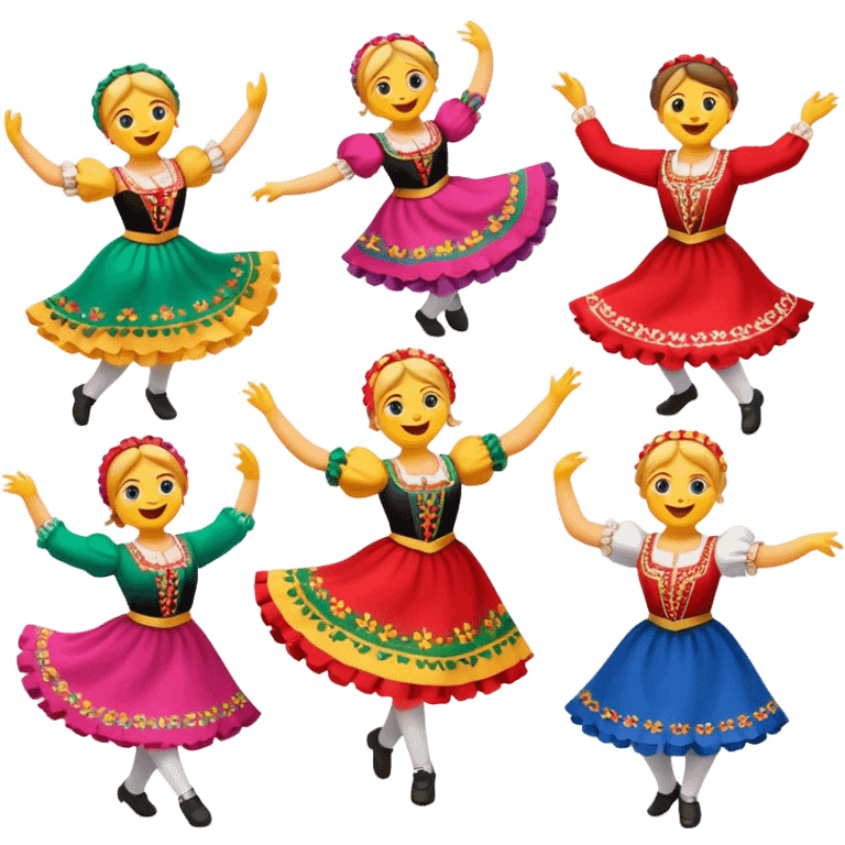 Cinematic Realistic Mazurka Dance Emoji, depicted as a lively traditional Polish folk dance scene with colorful costumes and spirited movement, rendered with dynamic textures and vibrant festive lighting that captures its rhythmic energy. emoji