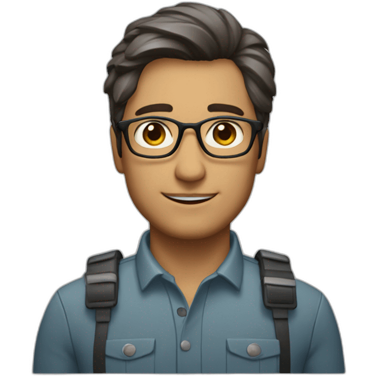 male engineer with medium length spreaded from middle hair and brown eyes with circular glasses emoji