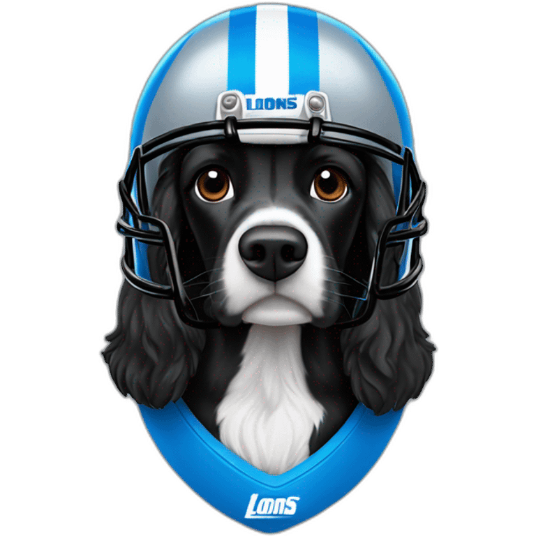 black springer spaniel wearing detroit lions football helmet emoji