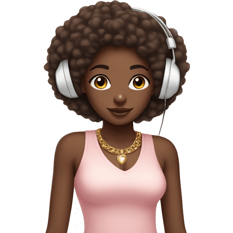 African girl. Afro. Wearing white headphones. Listening to music. Wearing a light pink v neck top. Gold Jewelry. Makeup. Blush. emoji