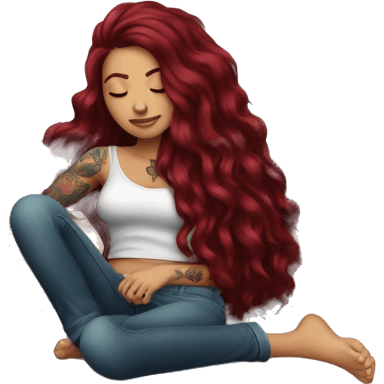 Beautiful tattooed burgundy long haired woman napping on sofa emoji