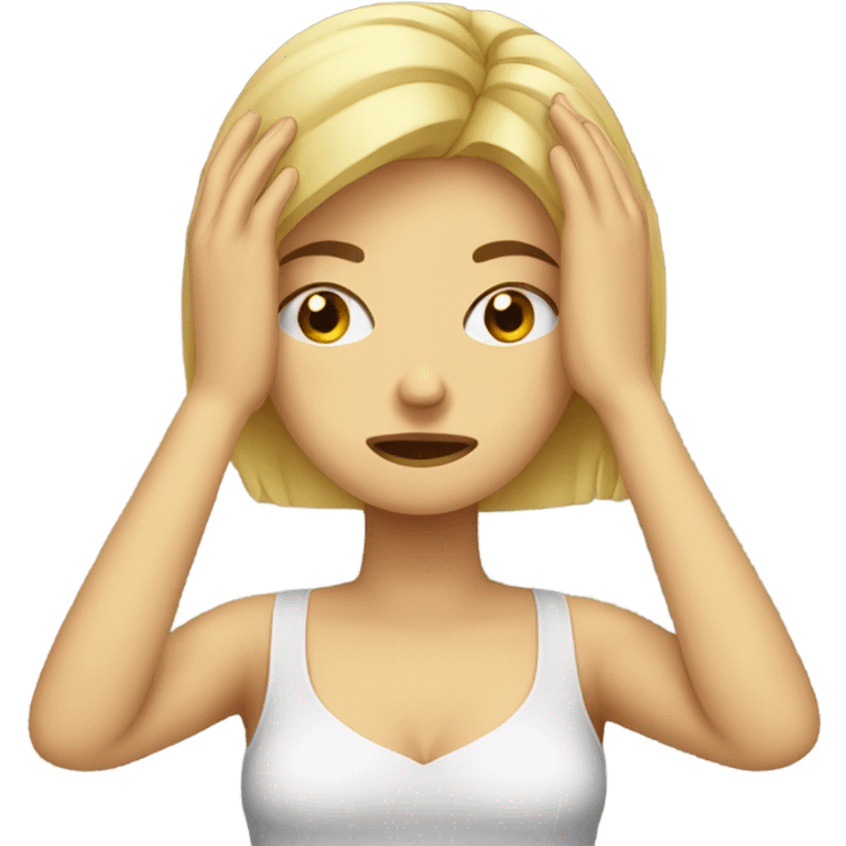 Blonde girl with headache hands on head frown  emoji