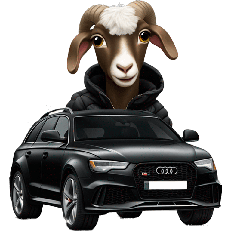 goat in black puffy jacket driving black Audi RS6 emoji