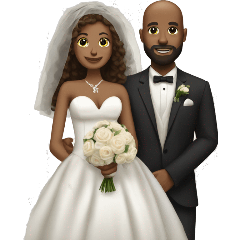 Black bald man with a beard and his wife with long, brown, curly hair on their wedding day emoji