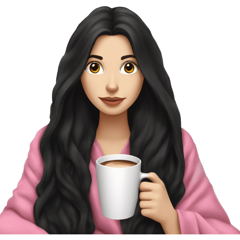 A pretty white girl with very long black hair in a pink blanket sipping coffee emoji