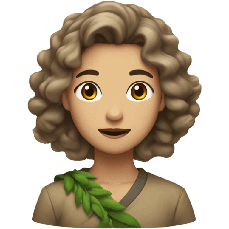 A woman of Asian appearance. Wheat-colored skin, with waist-length hair, is loose, blown up by the wind, the hair is brown highlights, slightly curly, big wavy look. His eyes were green, and he wore a wreath in his hair. emoji