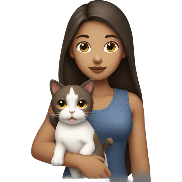 Tan girl with dark brown hair holding a white cat emoji