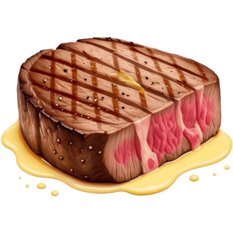 Cinematic thick-cut steak, perfectly seared with grill marks, a juicy pink center, butter melting on top, rich and savory, warm glow, sizzling and mouthwatering, highly detailed and appetizing. emoji