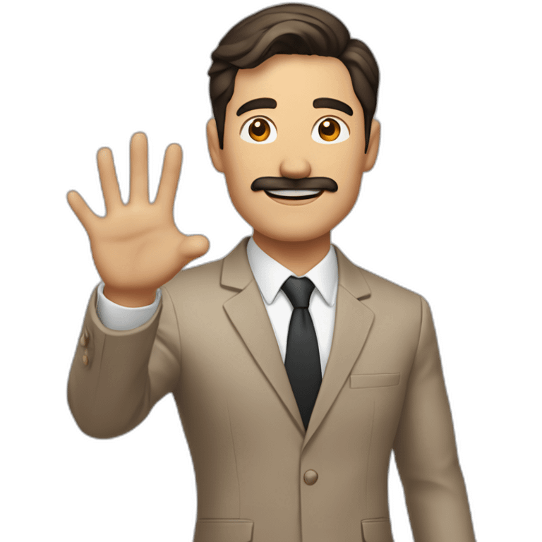 Man with light brown suit, dark hair and small mustache. He holds his arm up in the air emoji