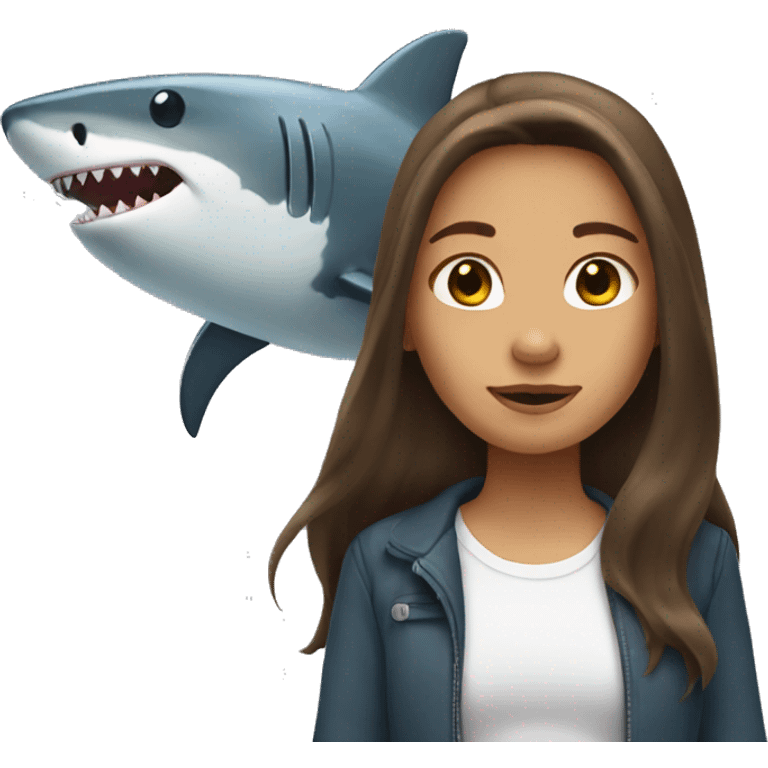 girl with brown long hair with shark emoji