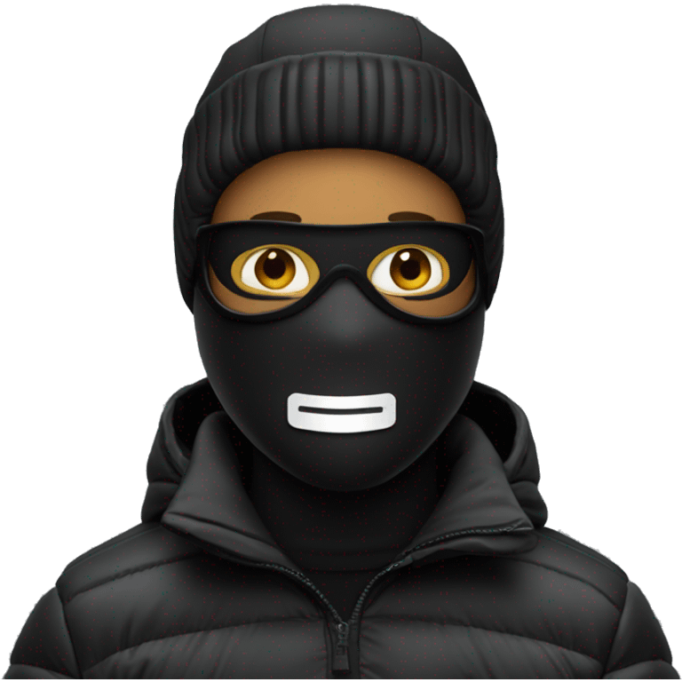 Man in all black, ski mask and puffer jacket, holding a credit card emoji