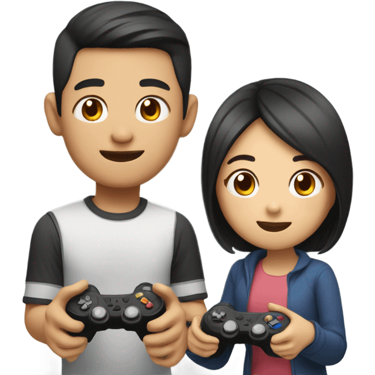 Cute asian couple playing video games emoji