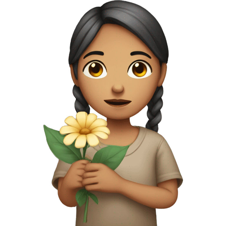 A girl holding a flower in her hand with a sad face  emoji