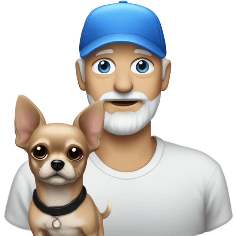 Blue eyed Old man with goatee beard ball cap holding black long haired chihuahua emoji