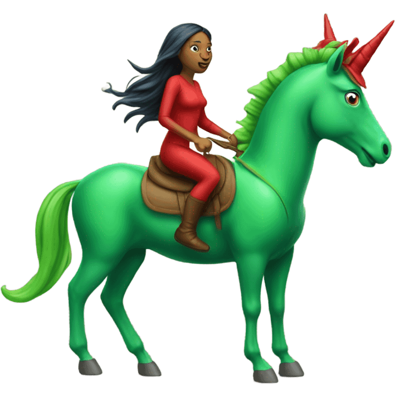 a green amazon alien woman, on a four-legged red unicorn emoji