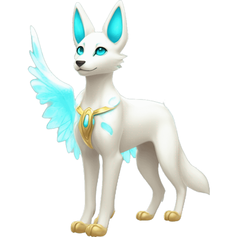 Shiny White Angelic Godly Ethereal Majestic Electric Albino Umbreon. cyan eyes and cyan markings. Golden Anubis-rings. full body emoji