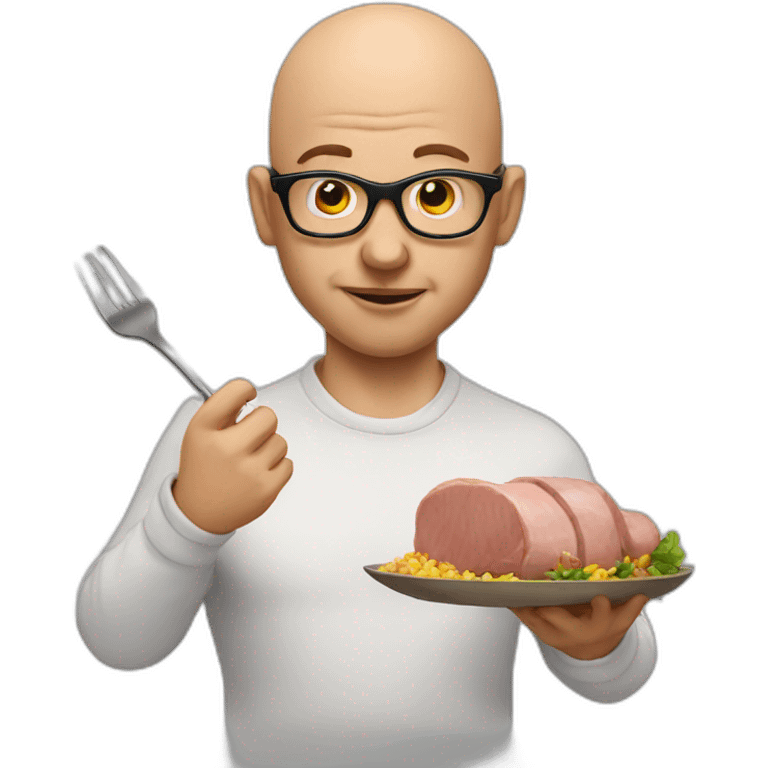 bald man with glasses eating a big pork emoji