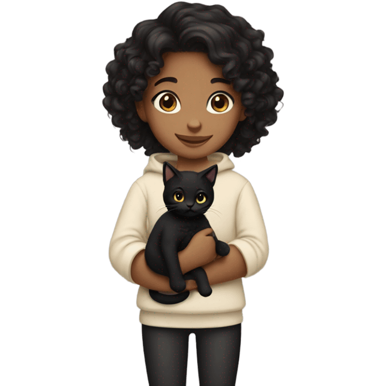 Girl holding black kitty. The girl has dark long curly hair and tan skin color  emoji