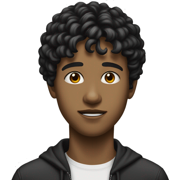 realistic teenager with white skin.  he has very black and wavy hair.  He has bangs to the right, his eyes are black, he is tall, he has an elongated neck and head emoji