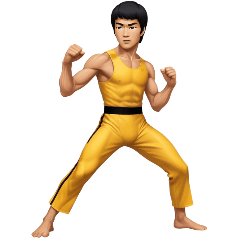 Cinematic Realistic portrait of Bruce Lee, shown as a legendary martial artist in a dynamic, powerful pose with modern athletic attire and finely detailed muscle definition, rendered in dramatic action lighting emoji