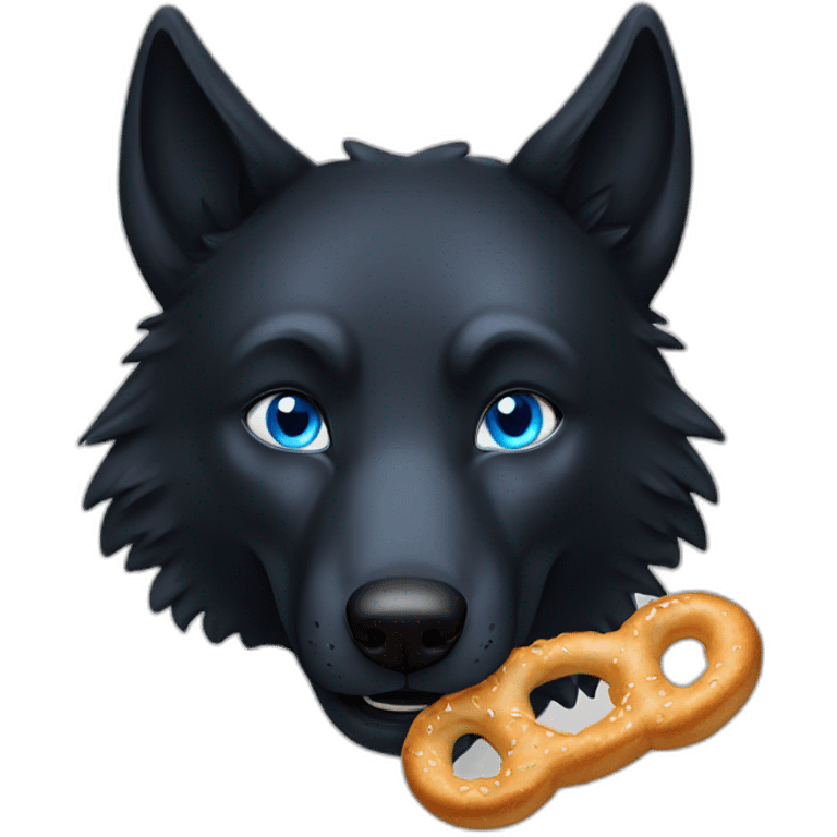 a full black wolf with blue eyes eats a bretzel emoji