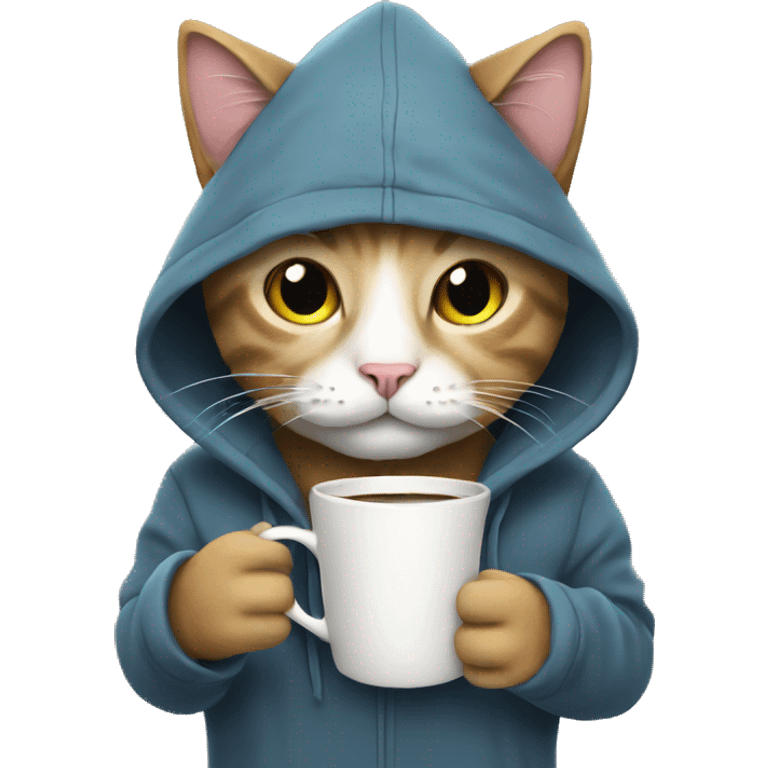 cat wearing a hoodie and drinking coffee emoji