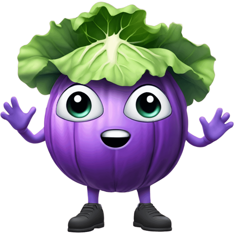 3D character of colored cabbage with big eyes 👀 and stares surprised holding hands from leaves a small mirror 🪞 The character is floating in the air, legs are not visible. emoji