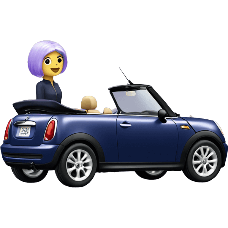 navy blue convertible Mini Cooper, with short, lilac colored haired woman driving - update woman to fair skinned emoji