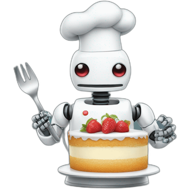 Robot wearing chefs hat holding cake emoji