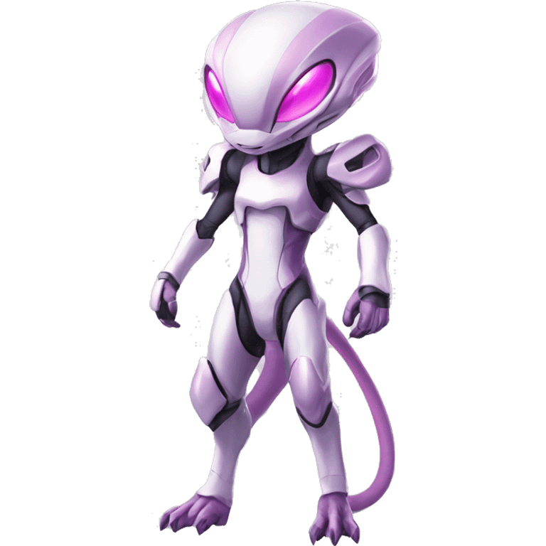 White Anthro-Lizard-Alien-Genesect-Mewtwo-Fakémon, with pink eyes, with a futuristic visor-helmet, wearing a techwear-suit, Full Body emoji