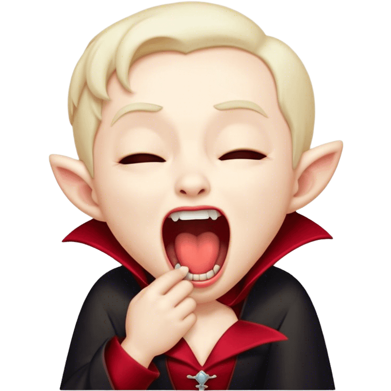 Cinematic Cute Yawning Vampire Portrait Emoji, with a small, rounded, charming pale face accented with tiny playful fangs and droopy, half-closed eyes, head tilted in an adorable wide yawn, dressed in miniature elegant dark attire with a hint of crimson, simplified yet irresistibly endearing, highly detailed with a soft, mysterious glow and gentle outline that captures the cute, drowsy side of an immortal! emoji