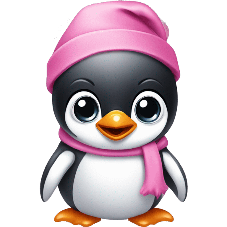 Baby penguin with big eyes wearing a pink Santa hat emoji