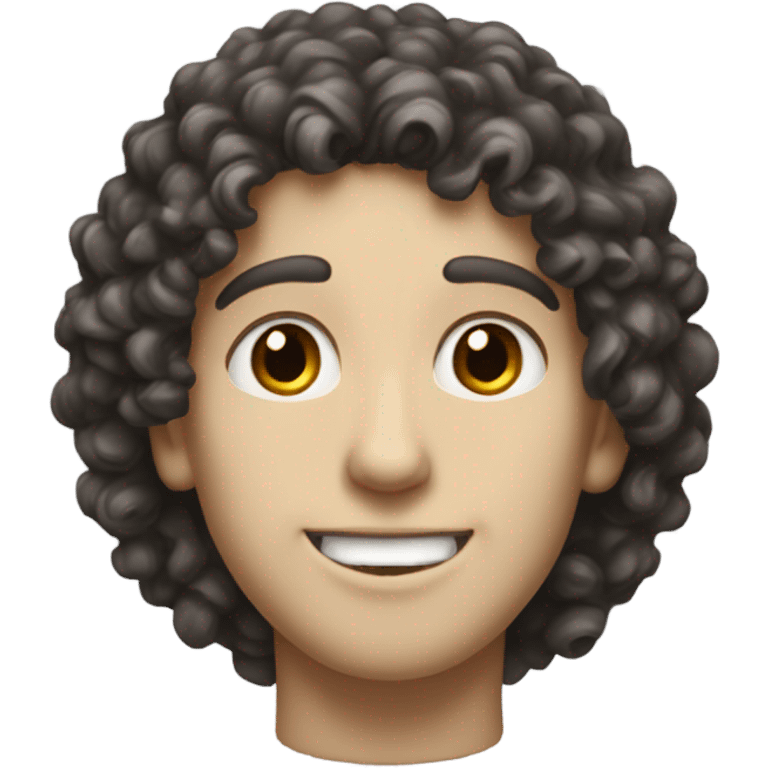 A tall boy with pale skin and dark curly hair, dark beautiful eyes, big nose and small red lips, smiling and standing still. emoji